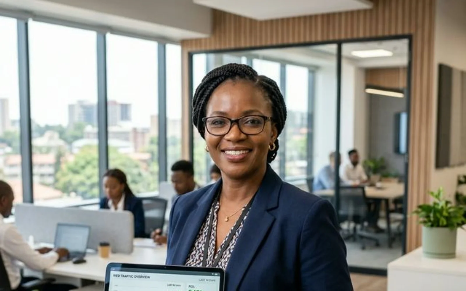 Zimbabwean business owner holding a tablet showing website analytics with positive ROI metrics in a modern office