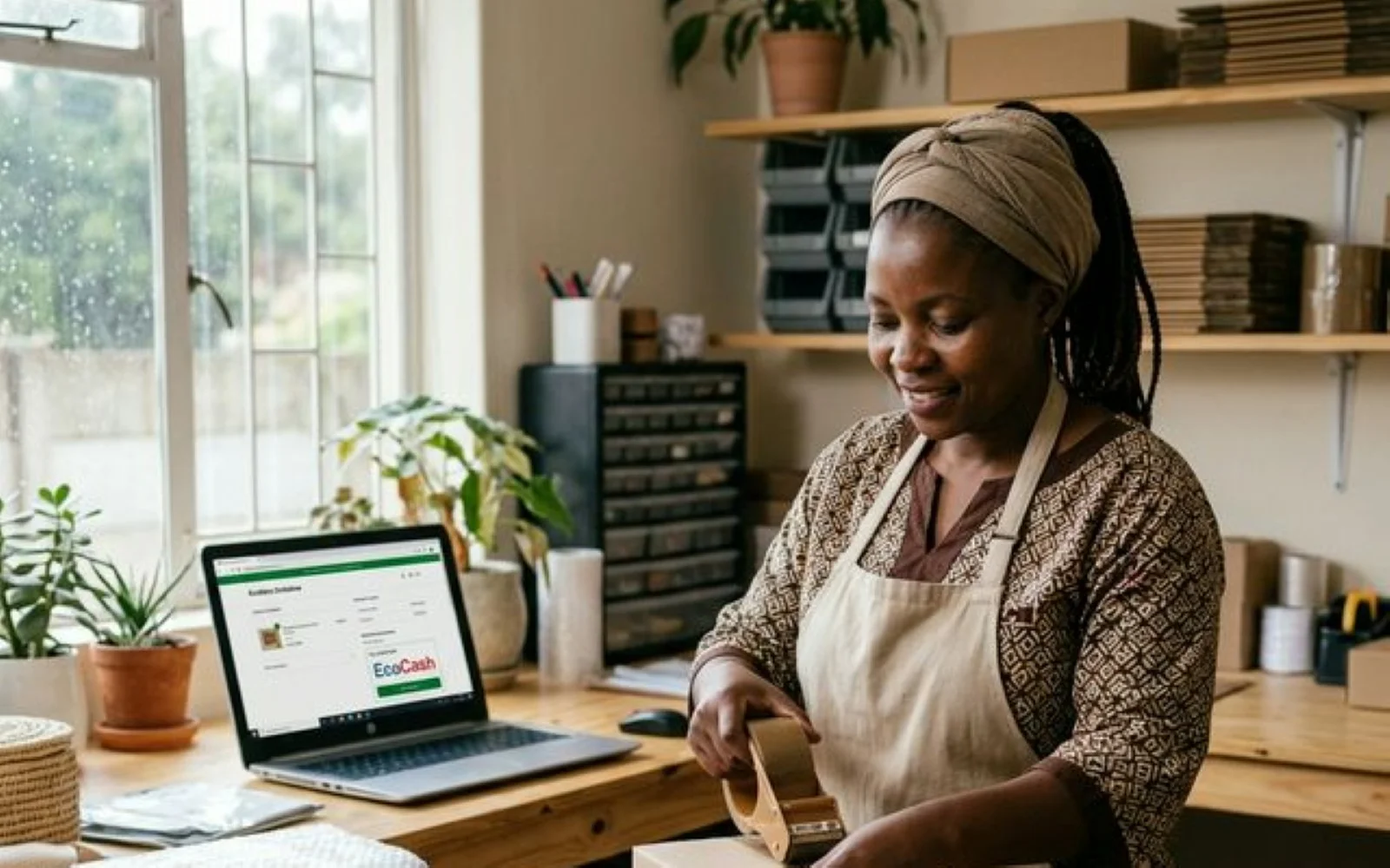 Zimbabwean business owner packaging products for online orders with a laptop showing an ecommerce website in the background